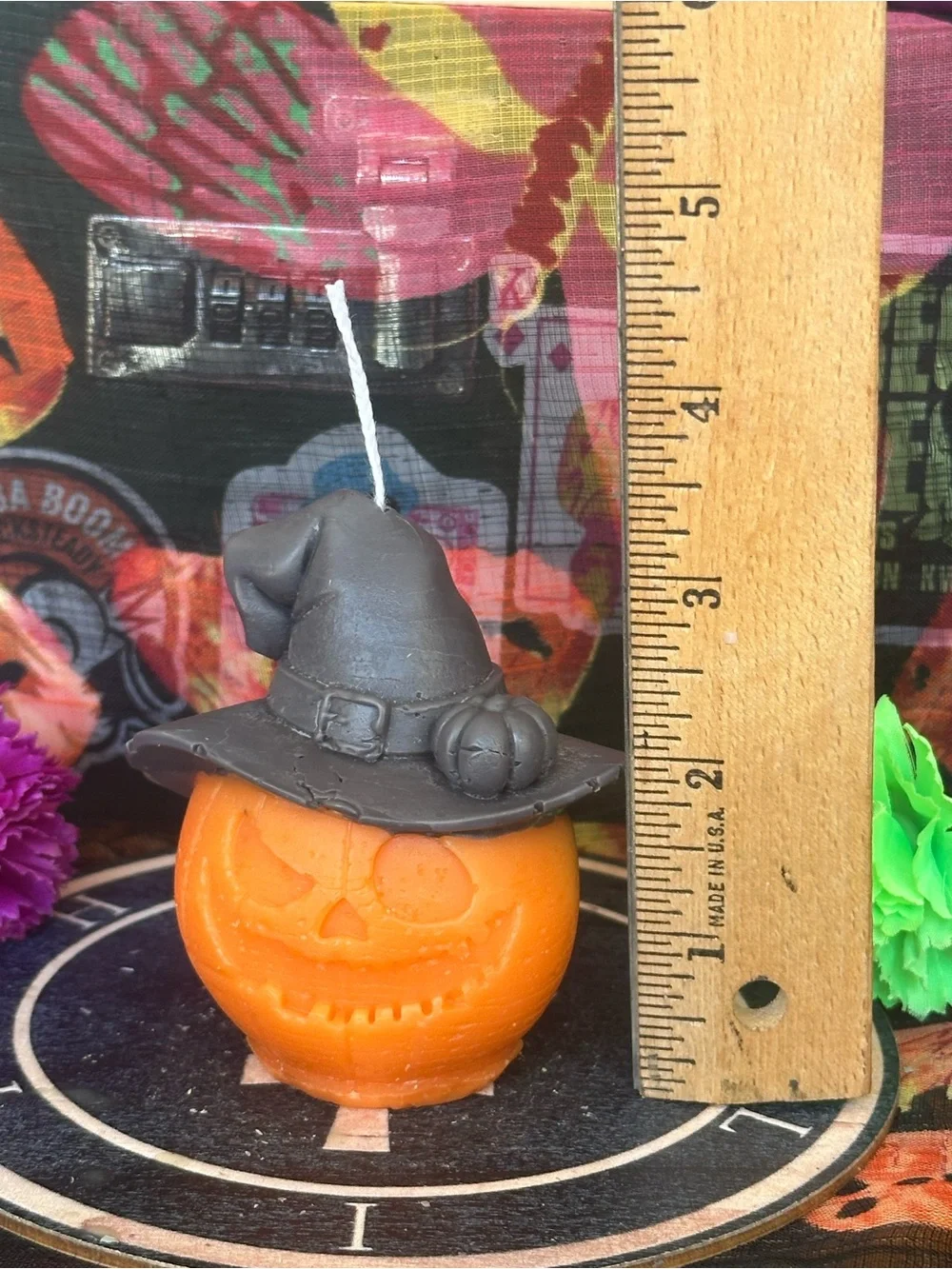 Hand Crafted Orange Pumpkin Candle with Black Witch Hat